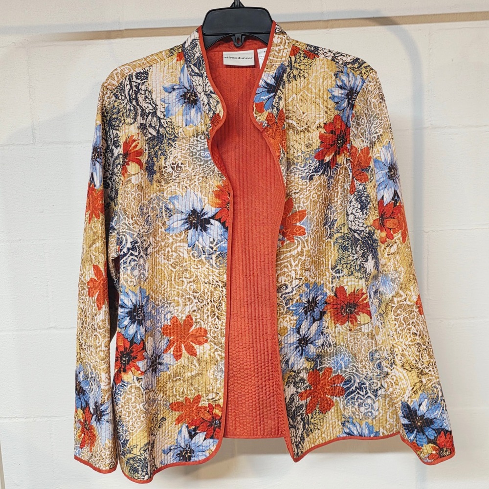 Alfred Dunner Womens 16 Quilted Open Front Floral Paisley Jacket Orange Blue Tan